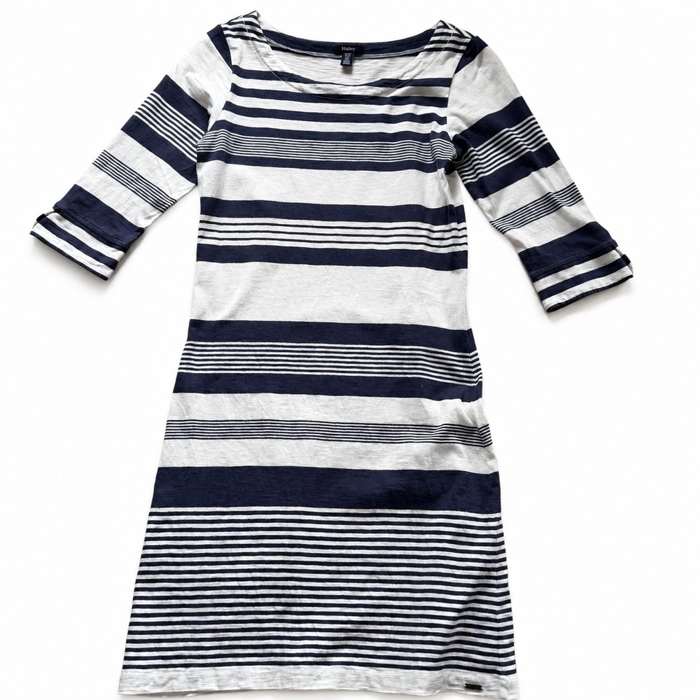 Hatley Womens Navy Blue White Striped Cotton 3/4 Sleeve Boat Neck Dress Size S